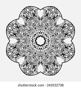 Vector ornamental round lace with damask and arabesque elements. Traditional contrast decor on light background. 
