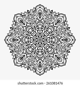 Vector ornamental round lace with damask and arabesque elements. Traditional contrast decor on light background. Mehndi style.