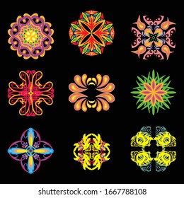 Vector ornamental round pattern elements set. Colorful vector illutration of nine ornamental rounds Flat illustration isolated on black background. Stock illustration
