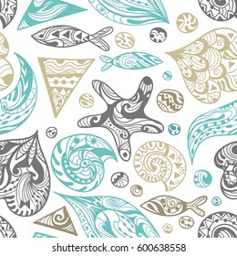 Vector Ornamental Sea Pattern | Seamless ocean life texture in abstract sketch zendoodle style