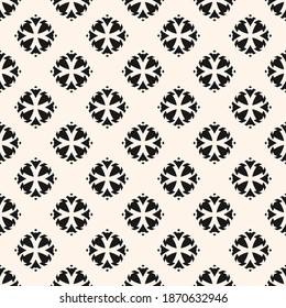 Vector ornamental seamless pattern. Black and white geometric ornament texture with small flower silhouettes, diamonds, crosses. Simple monochrome abstract floral background. Repeat decorative design 