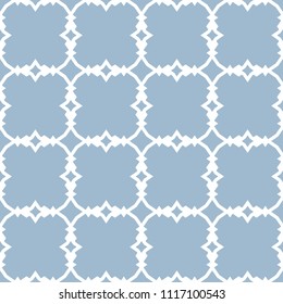 Vector ornamental seamless pattern with carved grid, lattice, net, repeat geometric tiles. Blue and white ornament in Moroccan style. Elegant abstract background texture. Design for decor, ceramic