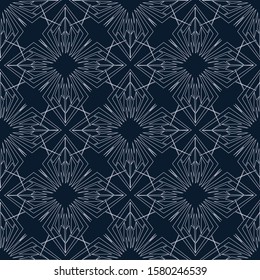 Vector ornamental seamless pattern with carved grid, lattice or net. Navy abstract geometric background. Luxury dark and light blue ornament texture for backdrop, textile or wallpaper.