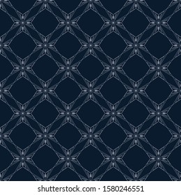 Vector ornamental seamless pattern with carved grid, lattice or net. Navy abstract geometric background. Luxury dark and light blue ornament texture for backdrop, textile or wallpaper.