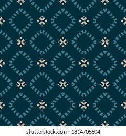 Vector ornamental seamless pattern. Elegant geometric ornament texture with small flower silhouettes, diamonds, rhombuses, grid. Abstract background. Ethnic motif. Teal color. Repeat decorative design