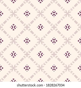 Vector ornamental seamless pattern. Elegant geometric ornament texture with flower silhouettes, crosses, grid, lattice. Abstract floral background in pastel colors. Repeat design for decor, wallpapers