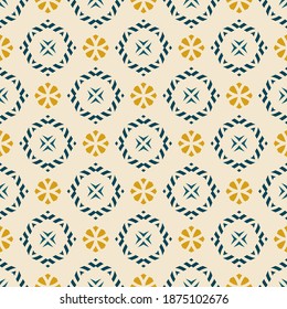 Vector ornamental seamless pattern. Elegant geometric ornament texture with small flower silhouettes, diamonds. Abstract floral background in blue, beige, yellow color. Repeat design for decor, print