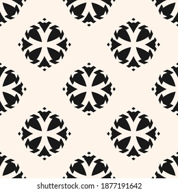 Vector ornamental seamless pattern. Elegant black and white geometric ornament texture with big flower silhouettes, diamonds, crosses. Simple monochrome abstract floral background. Repeat design