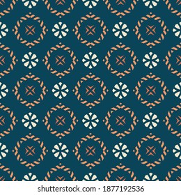 Vector ornamental seamless pattern. Elegant geometric ornament texture with small flower silhouettes, diamonds. Abstract floral background in blue, orange, beige color. Repeat design for decor, print