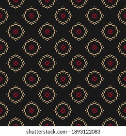 Vector ornamental seamless pattern. Elegant geometric ornament with flower silhouettes, diamonds. Abstract floral background in black, red and gold color. Vintage texture. Repeat decorative design