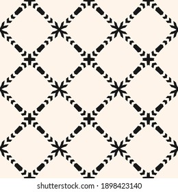 Vector ornamental seamless pattern. Elegant monochrome geometric ornament texture with flower silhouettes, crosses, grid, lattice, mesh. Abstract black and white floral background. Repeated design