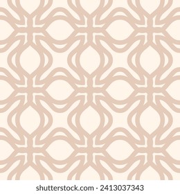 Vector ornamental seamless pattern. Elegant geometric texture with curved shapes, floral silhouettes, leaves, grid, lattice. Subtle beige color ornament. Simple vintage tileable background. Geo design