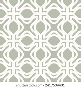 Vector ornamental seamless pattern. Elegant geometric texture with curved shapes, floral silhouettes, leaves, grid, lattice. Sage green color ornament. Simple vintage tileable background. Geo design