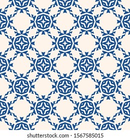 Vector ornamental seamless pattern. Floral geometric background, repeat tiles, diamonds, stars, flower grid, lattice. Abstract indigo blue and white ornament texture. Elegant oriental style design