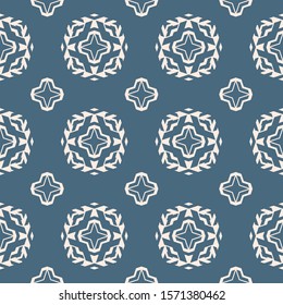 Vector ornamental seamless pattern with floral silhouettes, diamond shapes, stars. Abstract geometric background. Simple blue and beige ornament texture. Repeat design for decor, textile, furniture