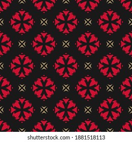 Vector ornamental seamless pattern. Geometric ornament texture with small flower silhouettes, diamonds, crosses. Simple abstract floral background. Black, red and gold color. Elegant repeatable design