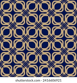 Vector ornamental seamless pattern. Gold and dark blue floral background, repeat geometric tiles, curved shapes, lattice. Abstract golden ornament texture. Luxury ornate geo design for decor, print