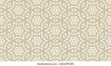 Vektorgrafik-Muster nahtlos. Goldene abstrakte Blumenstruktur, geometrische Formen, Sterne, Diamanten. Stilvoller Zierhintergrund, wiederholte Kacheln. Elegantes orientalisches Design für Druck, Dekoration, Verpackung