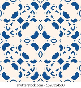 Vector ornamental seamless pattern. Indigo blue tile in traditional mediterranean, spanish, portuguese style. Abstract mosaic background texture with floral shapes, petals. Elegant repeat design