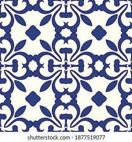 Vector ornamental seamless pattern in old ceramic azulejo style. Traditional oriental texture