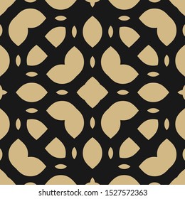 Vector ornamental seamless pattern in oriental style. Elegant texture in black and gold color. Golden abstract mosaic background with floral shapes, leaves, petals, curved mesh. Luxury repeat design