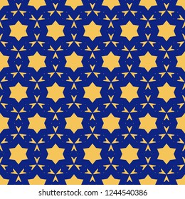 Vector ornamental seamless pattern. Simple deep blue and yellow texture with stars, floral shapes, small triangles, delicate grid. Abstract minimal background. Luxury repeatable design for decoration