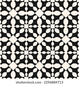 Vector ornamental seamless pattern. Simple monochrome floral ornament with curved shapes, grid, lattice, flower silhouettes, repeat tiles. Elegant black and white background. Repeated geo design