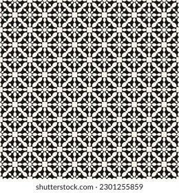 Vector ornamental seamless pattern. Simple black and white floral ornament with small curved shapes, grid, lattice, mesh, flower silhouettes, repeat tiles. Elegant monochrome background. Geo design