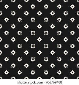Vector ornamental seamless pattern with simple carved geometric figures, small square cross shapes. Dark abstract background. Repeat monochrome texture. Versatile design for decoration, fabric, cloth