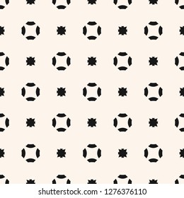Vector ornamental seamless pattern with small stars, diamond shapes, floral silhouettes. Abstract monochrome geometric texture. Simple minimal black and white repeat background. Subtle repeat design