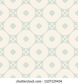 Vector ornamental seamless pattern. Vintage geometric background with small flower figures, circular grid, mesh, repeat tiles. Texture in soft pastel colors, pale green and beige. Repeatable design 