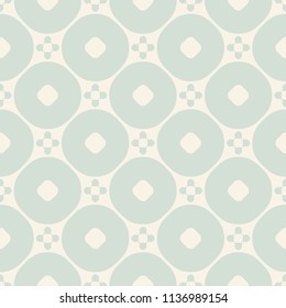 Vector ornamental seamless pattern. Vintage geometric background with flower figures, circles, repeat tiles. Texture in soft pastel colors, pale green and beige. Elegant design for decoration, textile