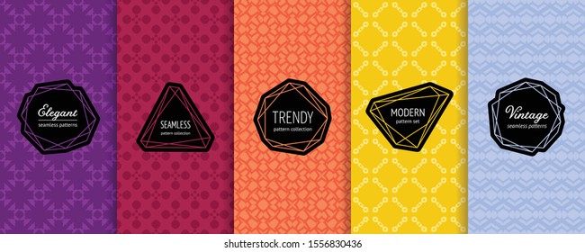 Vector ornamental seamless patterns. Set of elegant geometric background swatches with elegant minimal stickers. Abstract modern textures collection. Design in purple, wine, orange, yellow, blue color