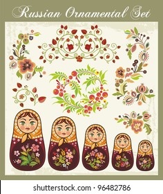 Vector ornamental ambientado al estilo tradicional ruso, incluyendo muñecas Matryoshka y varios diseños florales.