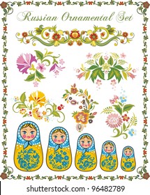 Vector ornamental set in traditional Russian style, including Matryoshka dolls and various floral designs.