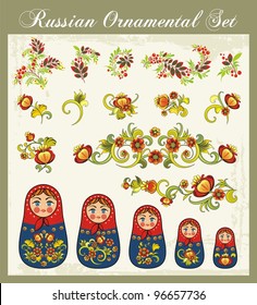 Vector ornamental set in traditional Russian style, including Matryoshka dolls and various floral designs.