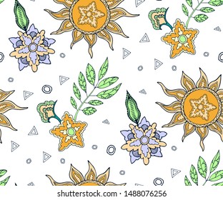 Vector ornamental sun hand drawing decorative background. Ethnic seamless pattern ornament. Vector pattern.