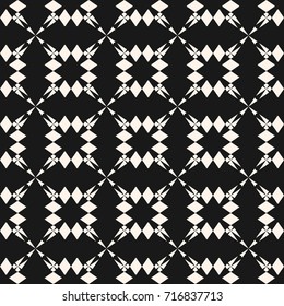 Vector ornamental texture. Abstract geometric seamless pattern with floral shapes, crosses, stars, rhombuses. Simple geometrical ornament, repeat tiles. Monochrome background. Design for decor, fabric