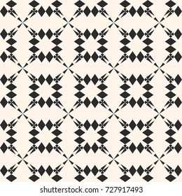 Vector ornamental texture. Abstract geometric seamless pattern with floral shapes, crosses, stars, rhombuses. Simple geometrical ornament, repeat tiles. Monochrome dark background, black & white