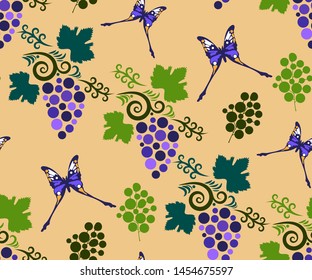 Vector ornamental vine grapes decorative background. Ethnic seamless pattern ornament. Vector pattern