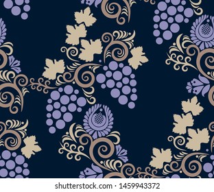 Vector ornamental vine grapes decorative background. Ethnic seamless pattern ornament. Vector pattern