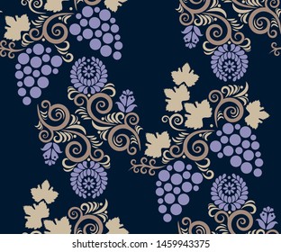 Vector ornamental vine grapes decorative background. Ethnic seamless pattern ornament. Vector pattern