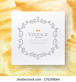 vector ornamental vintage frame on white paper with shadow and orange watercolor background