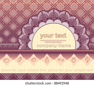 Vector ornamented page with space for text. Suitable as an invitation or announcement. Signs of dessert are a separate group can be easily replaced. The background is designed as a seamless pattern.