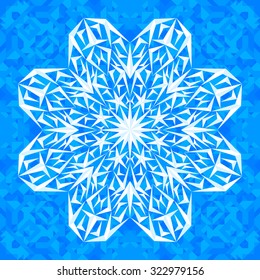Vector ornamented snowflake on the blue symmetrical polygonal background.