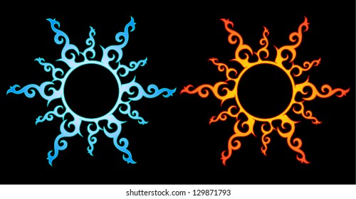 Vector ornaments, abstract sun, water and fire.