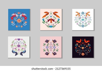 Vector ornaments set with various birds, flowers and leaves with different folk compositions. Motif in scandinavan style. Ethnic flat illustration with nordic detailed in trendy colors.