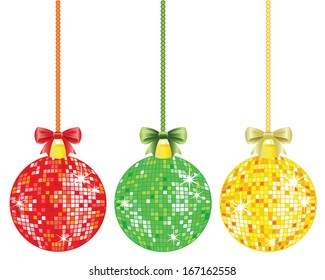 Vector Ornaments. Shiny disco ball ornaments in red, green and yellow colors with their bows. Nice for christmas, holiday, party and entertainment concepts. Easy to edit vector illustration.