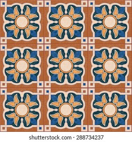 Vector ornate background in Arabian style. Seamless floral pattern with cracked effect. Brown, blue and orange colors.