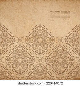 Vector ornate background with copy space, coffee brown ornament on old cardboard